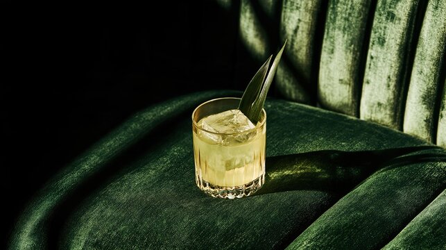 Luxury cocktail with ice and tropical leaf on green velvet chair.