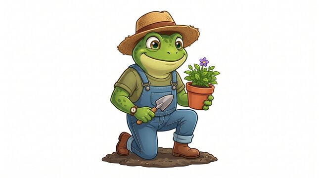 Cheerful anthropomorphic green frog gardener wearing a straw hat and overalls kneeling while holding a potted flower with frog character potted plant garden tool character design green creature