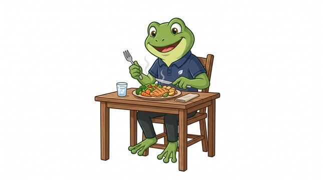 Anthropomorphic green frog character enjoying a meal while sitting at a wooden table with fork and knife character design white background green creature character illustration design element