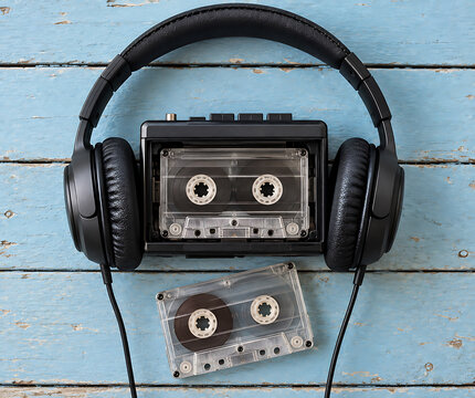 Headphones rest atop a cassette player with an audio tape on woodgrain