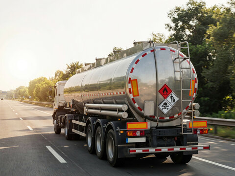 Large tanker truck driver in safety uniform operating tanker vehicle on highway with natural daylight