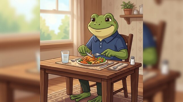 Cartoon frog sitting at home table eating a nutritious meal with cartoon character green animal digital art plate of food home life meal time daily routine home interior casual dining
