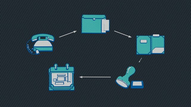 A referral is received, stamped, routed into intake, triaged for follow-up, and held for appointment scheduling. Flat 3D style with a printed line screen.