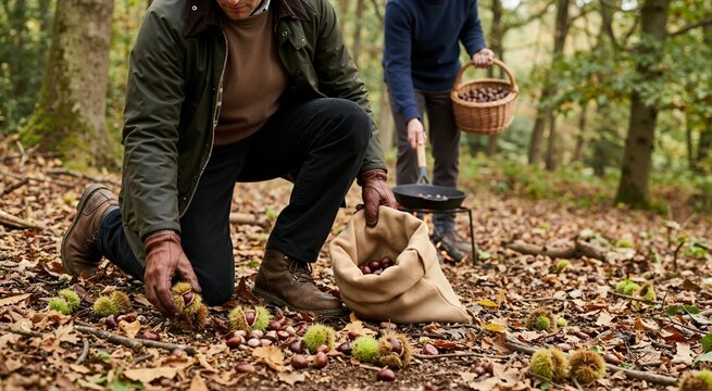 Fallen chestnuts on forest floor. Chestnut picking and roasting theme in autumn
