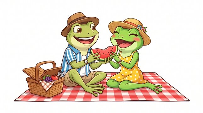 Happy frog couple enjoying a picnic on a red checkered blanket while eating watermelon with summer picnic outdoor date picnic basket straw hats summer vacation picnic food couple mascot