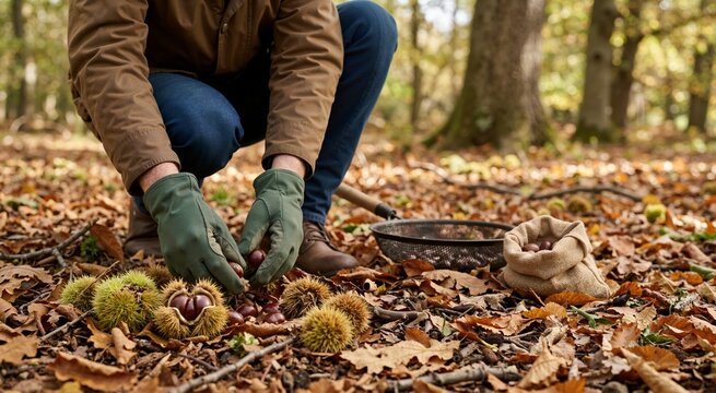 Man foraging and picking chestnuts in an autumn forest. Seasonal harvesting theme