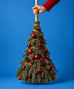 Hand holding a decorated christmas tree broom with red ornaments and pinecones