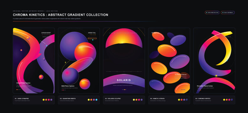 Chroma Kinetics Abstract Gradient Suite showcases colorful visual designs with gradient elements on a dark background