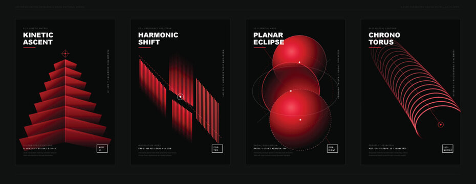 Modern gradient poster series features kinetic ascent, harmonic shift, planar eclipse, and chrono torus designs created in a studio using digital tools and showcase geometric patterns