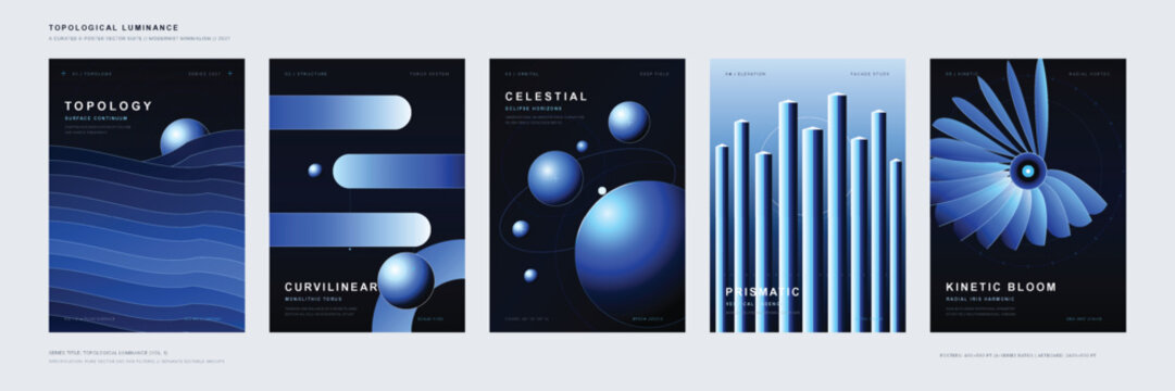 Collection of modernist abstract posters showing various shapes and designs in a blue color scheme
