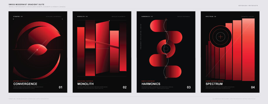 Modernist gradient collection showcases four designs featuring shapes and patterns in deep red tones