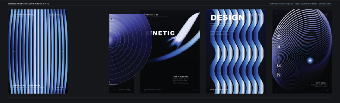 Modernist kinetic opart series featuring patterns and designs in blue