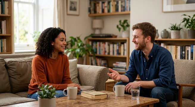 Friends talking face to face in a living room. Digital detox concept