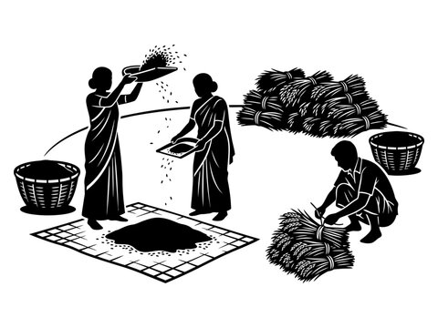 Family winnowing rice in a village yard line art