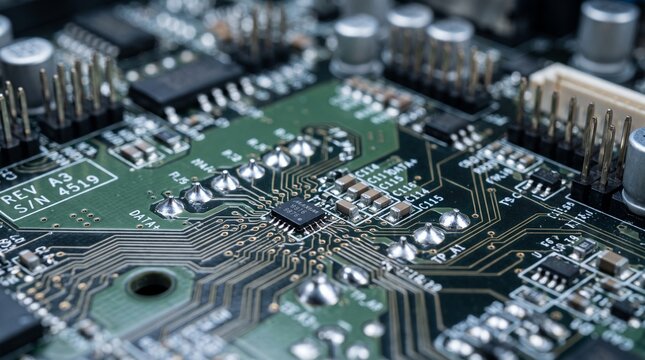 Printed circuit board closeup highlighting electronic components and microchips mounted on green board.