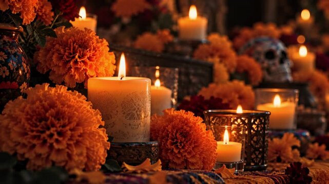 Colorful altar with orange marigolds and candles for celebration  