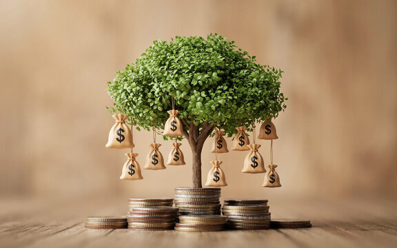 Small decorative tree with hanging bells placed on stacked coins in a financial concept setting