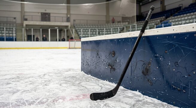 Hockey stick leaning against the rink boards in an empty arena