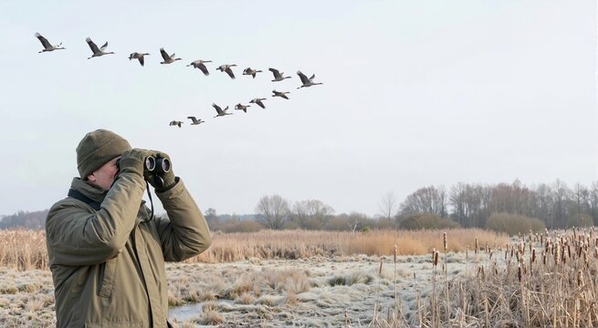 Birds escaping winter weather in formation. Bird migration theme