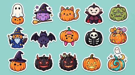 Fototapeta premium Set of cute kawaii halloween stickers featuring pumpkins ghosts and monsters halloween stickers celebration