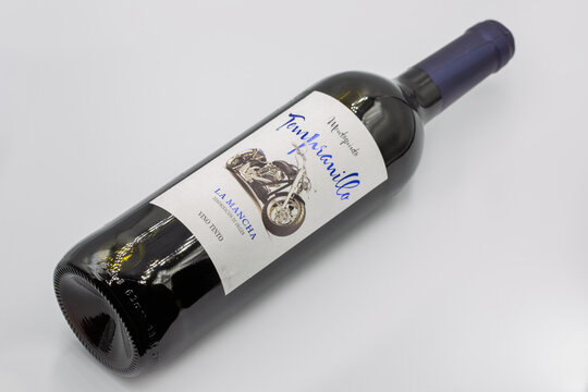 Tempranillo La Mancha Spanish red wine closeup on white.