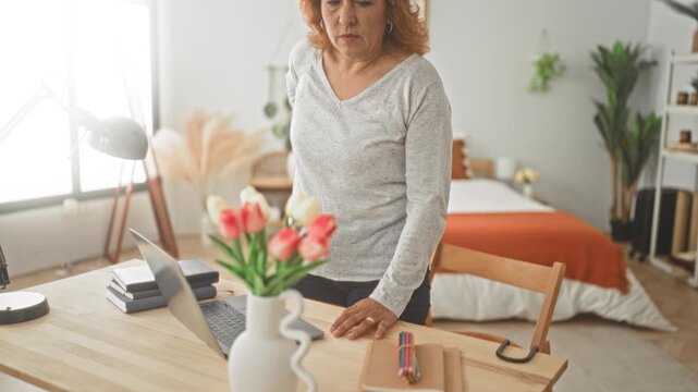Woman with hand on lower back leaning on table by laptop in bedroom, tulips and lamp on desk; remote work discomfort.