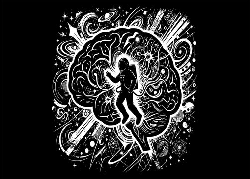 Black and White Surreal Brain Astronaut Silhouette: Mind Bending Vector, Crazy Idea Icon