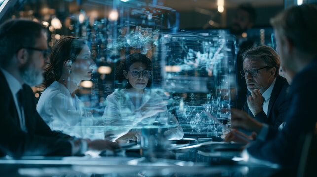 Futuristic business meeting with executives and AI planning system, holographic charts above glass table, modern corporate interior, cinematic lighting, realistic reflections, photorealistic, no logos