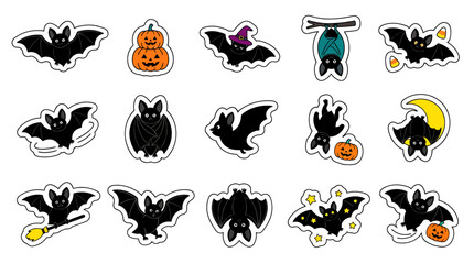 Fototapeta premium Assorted spooky halloween bat stickers in various cute positions with halloween character illustration