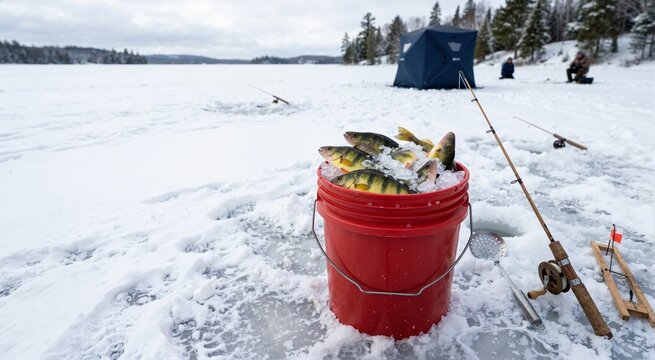 Red bucket of freshly caught yellow perch fish on ice. Ice fishing concept with frozen lake background