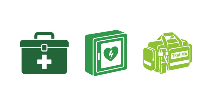 First aid and trauma response equipment vector icon set featuring a medical cross box, automated external defibrillator, and trauma bag.