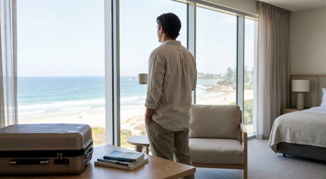 Man standing in a hotel room looking at the ocean view. Vacations at your own cost extra vacations theme