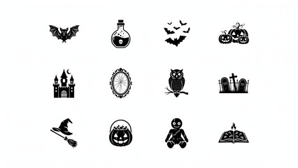 Fototapeta premium Flat black halloween character collection featuring bats and voodoo doll for occult design.