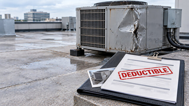 Document labeled deductible on clipboard near broken rooftop air conditioner with insurance claim damaged equipment broken ac business finance insurance policy property damage roof repair