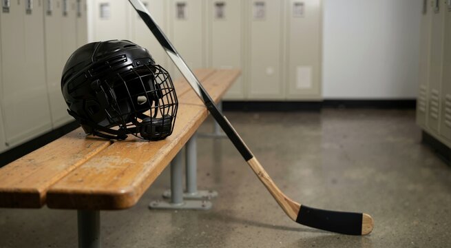 Hockey helmet and stick on a wooden bench in a locker room
