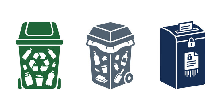 Hospital waste management and recycling vector icon set featuring bins for recyclable materials, general waste, and secure document shredding.