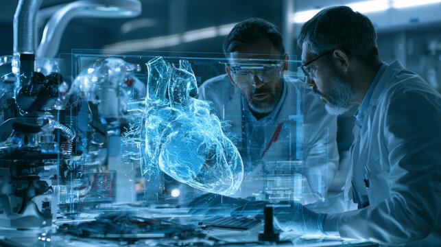 Futuristic medical lab, scientists examining a 3D holographic human organ, diagnostic equipment, transparent data visuals, modern architecture, blue-white light, realistic technology, cinematic photor