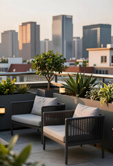 Obraz premium Urban lifestyle and city living, modern rooftop terrace with lounge chairs and potted plants overlooking a metropolitan skyline at sunset