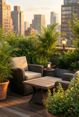 Obraz premium Urban lifestyle and city living, rooftop terrace with outdoor furniture and plants at sunset for relaxation and luxury real estate home design