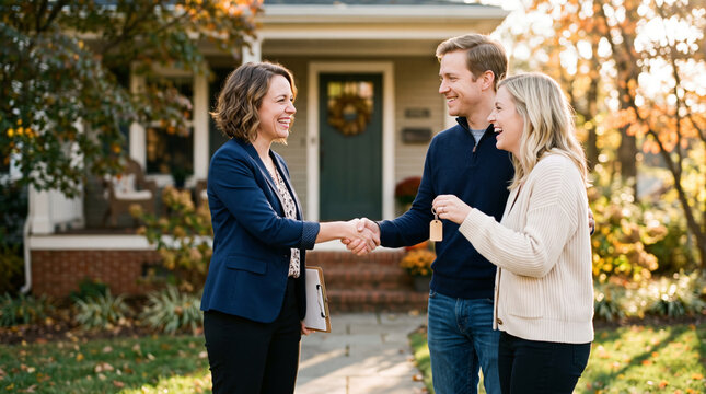 Real Estate Agent Hands Over House Keys to Happy Couple Outside New Home
