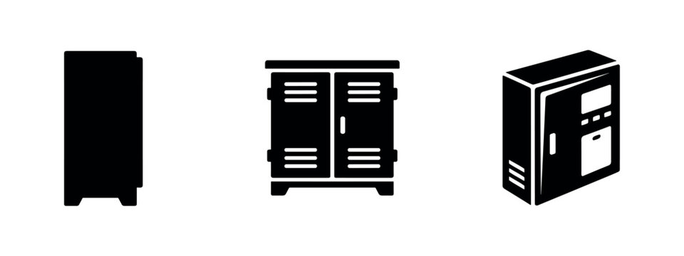 Metal locker and storage cabinet icon set for industrial and office use