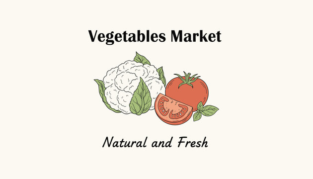 Hand drawn illustration of cauliflower and tomato with fresh basil leaves promoting a natural and fresh vegetable market.