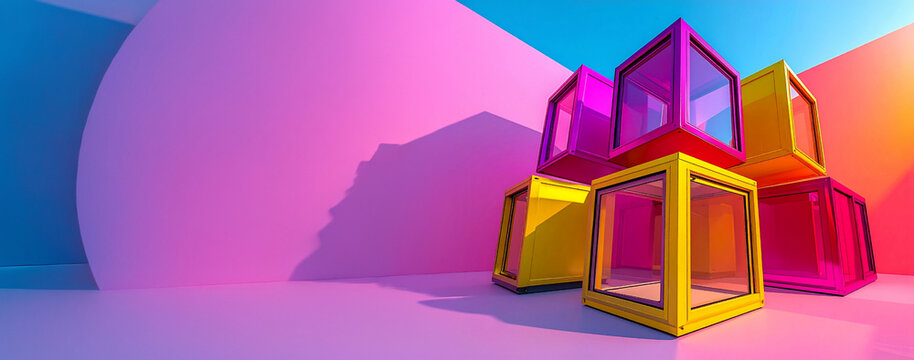 Stacked colorful 3D geometric glass cube modules positioned in studio setting under cyan pink lighting gradient backdrop. Wide banner background design with empty negative copy space for placement.