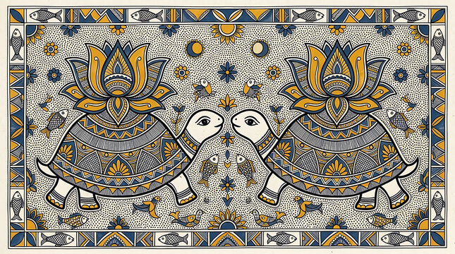 Intricate handcrafted textile featuring symmetrical tortoises with lotus motifs in traditional gold and black pattern