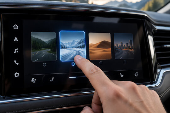 Automotive dashboard display shows landscape scenes with a finger touching the screen