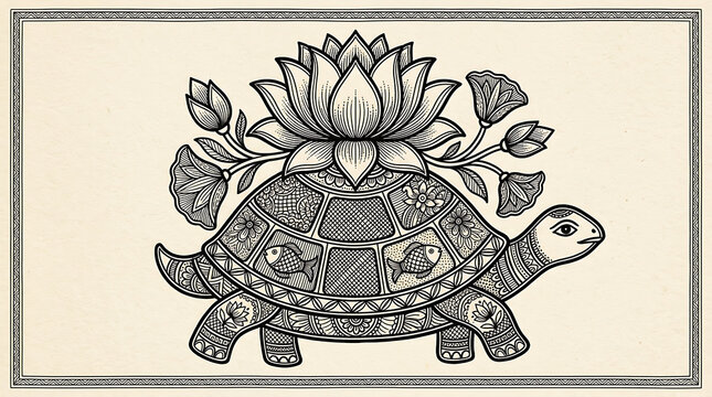 Vintage-style illustration of a tortoise carrying a lotus flower on its shell in an intricate line drawing