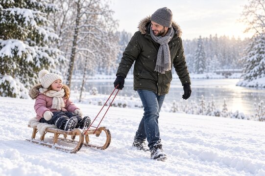 Parent pulling a child on a sled through a snowy park, illustrating family winter lifestyle and outdoor seasonal activities.