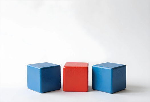 Differentiation and uniqueness concept, red wooden cube standing out from blue blocks in a row, business strategy and leadership metaphor
