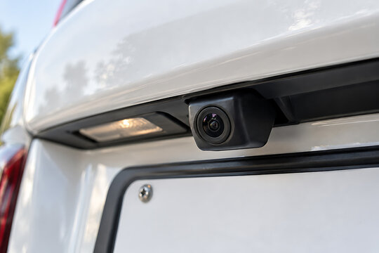 Automotive rear view camera mounted above license plate on a white vehicle