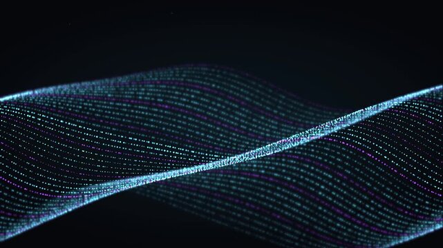 Cinematic animation of flowing waves made of thousands of tiny cyan and pink particles on a dark background, symbolizing data flow, digital technology, and connectivity.